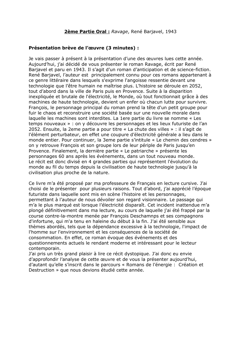 Prévisualisation du document Oral bac de français - Présentation Ravages de Barjavel