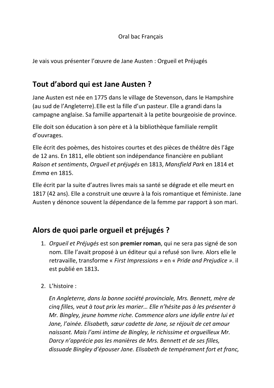 Prévisualisation du document oral bac français sur Orgueil et préjugé de Jane Austen