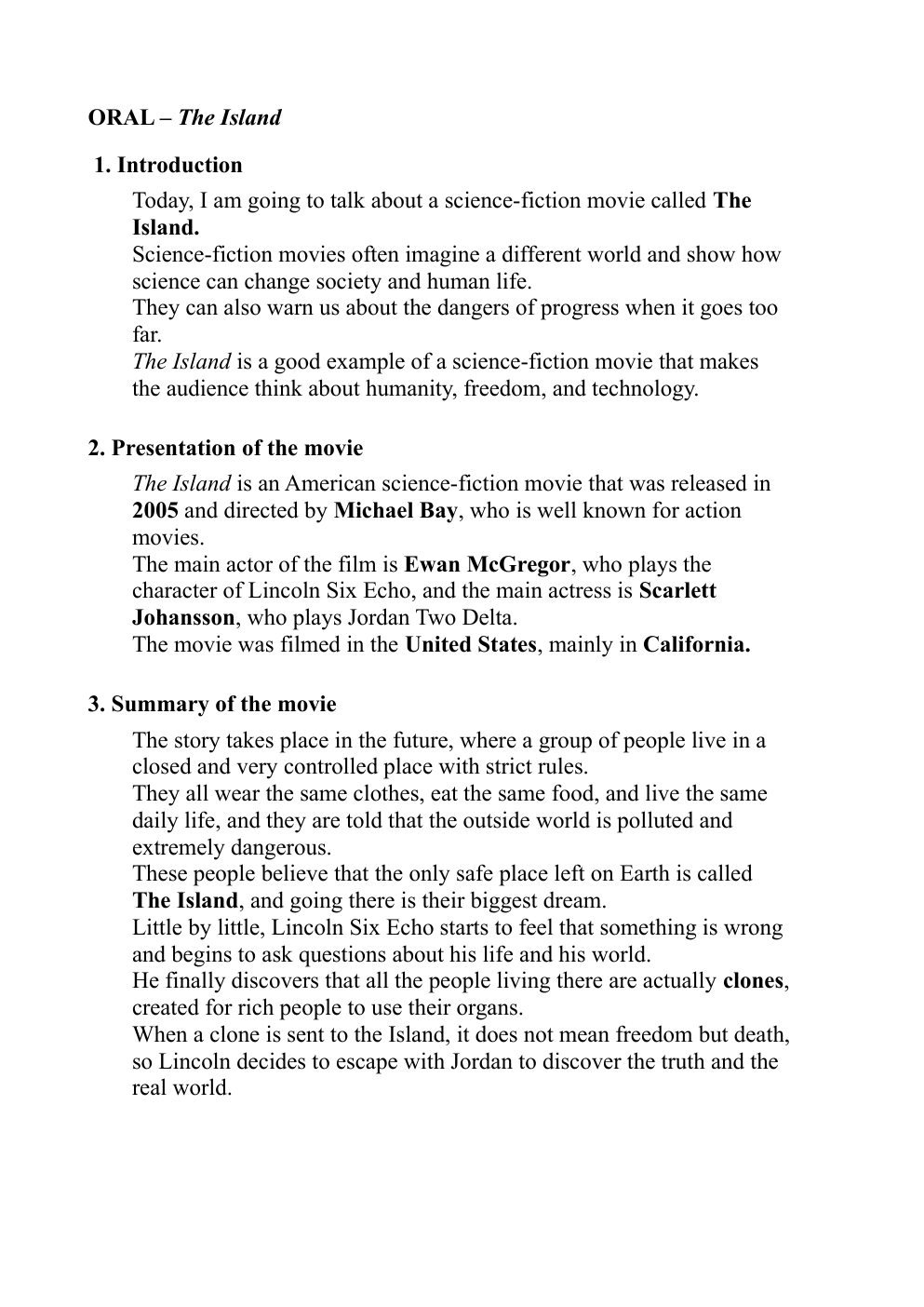 Prévisualisation du document Oral d'anglais: ORAL – The Island