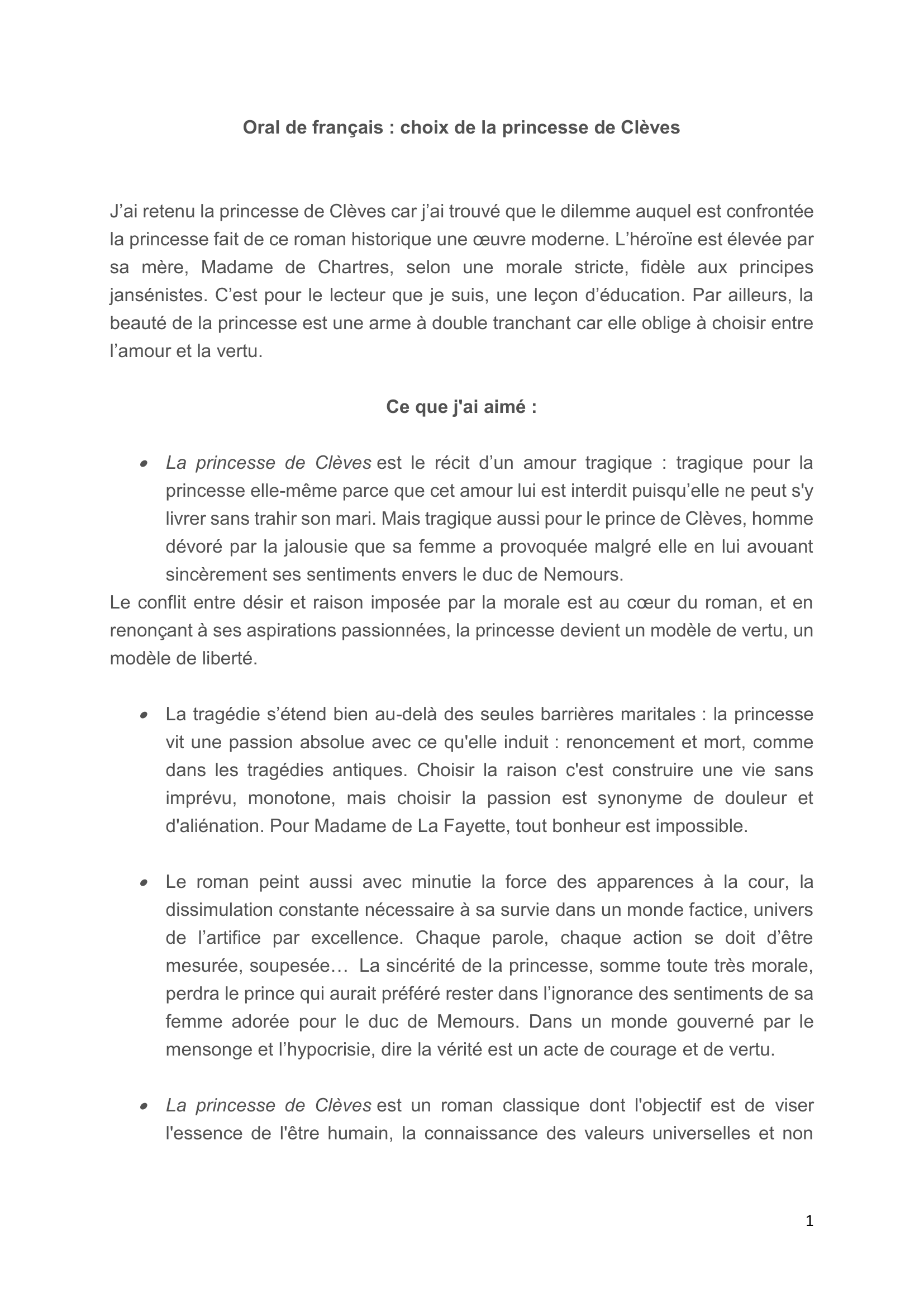 Prévisualisation du document Oral de français : choix de la princesse de Clèves