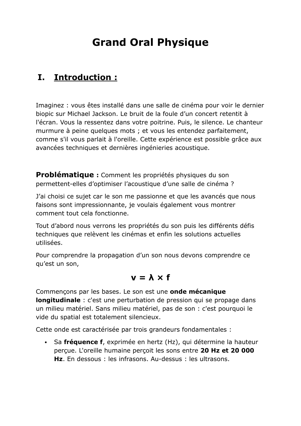 Prévisualisation du document oral de physique chimie: Problématique : Comment les propriétés physiques du son permettent-elles d’optimiser l’acoustique d’une salle de cinéma ?