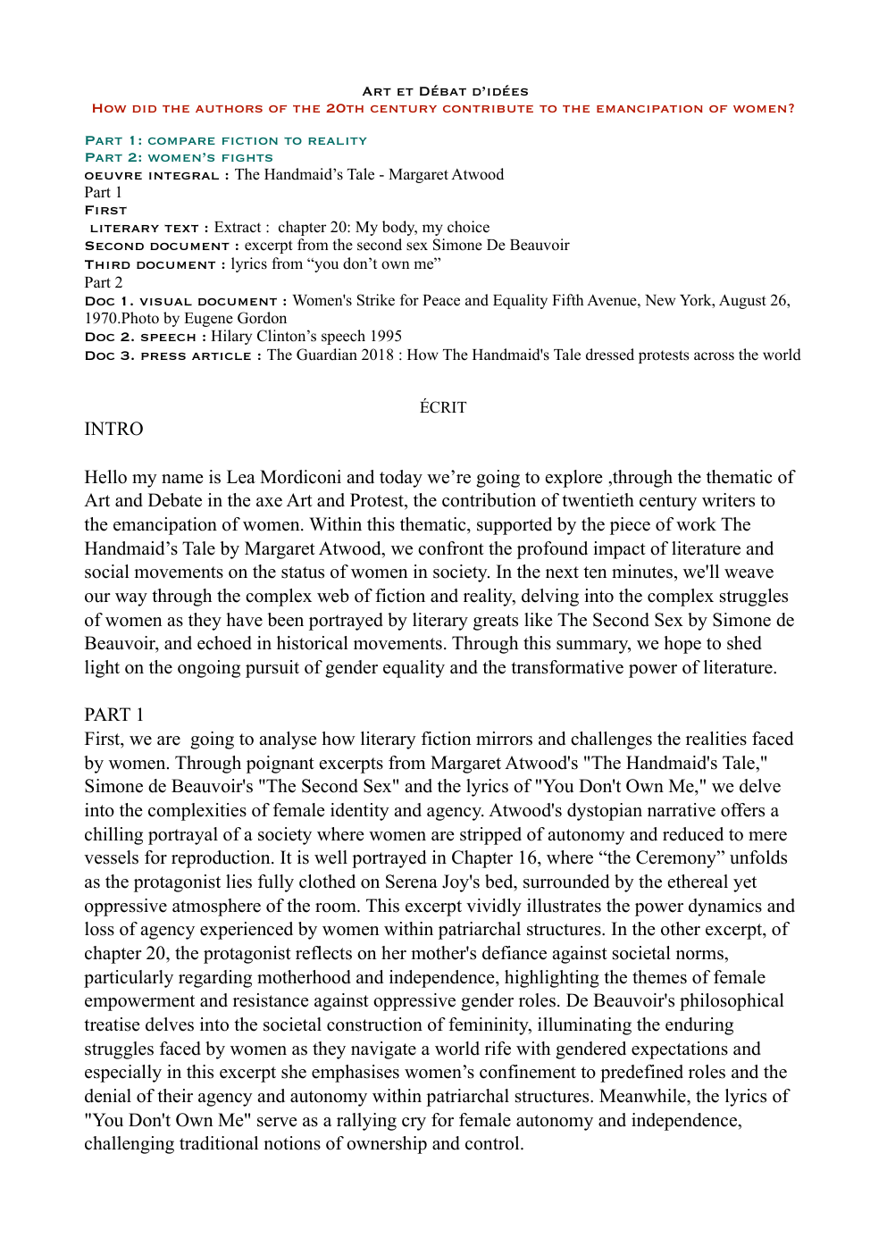 Prévisualisation du document Oral de spe anglais Art et Débat d’idées How did the authors of the 20th century contribute to the emancipation of women?