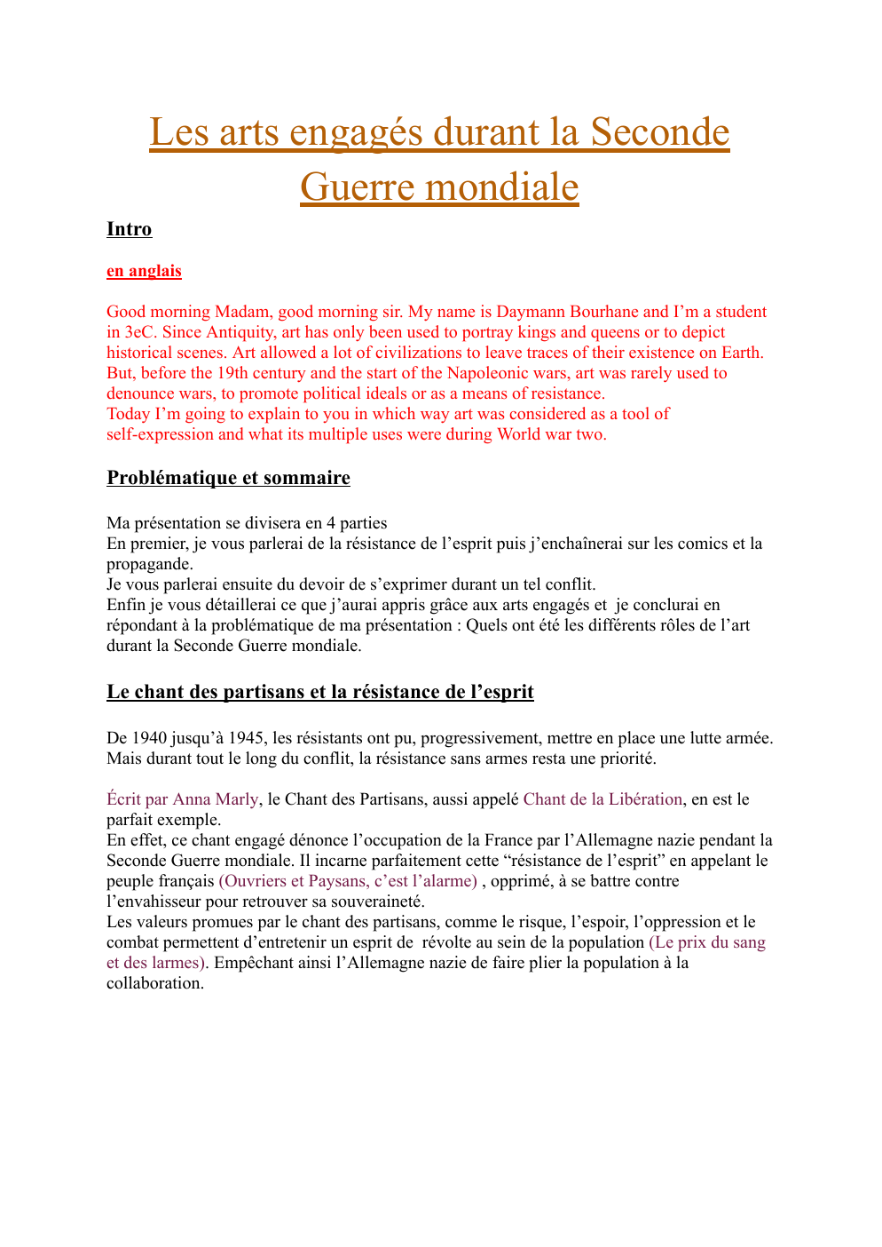 Prévisualisation du document Oral du brevet: Les arts engagés durant la Seconde Guerre mondiale
