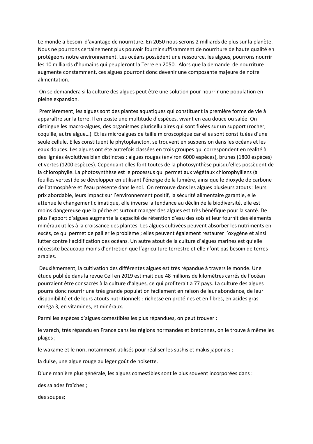 Prévisualisation du document Oral enseignement scientifique (algues)