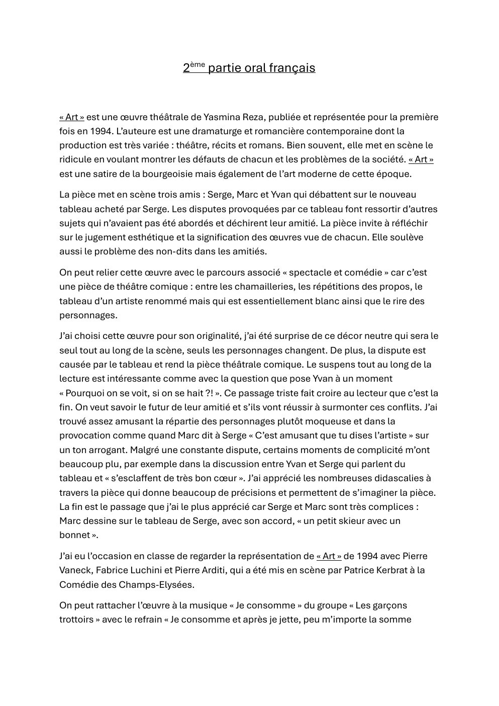 Prévisualisation du document oral français « Art » est une œuvre théâtrale de Yasmina Reza