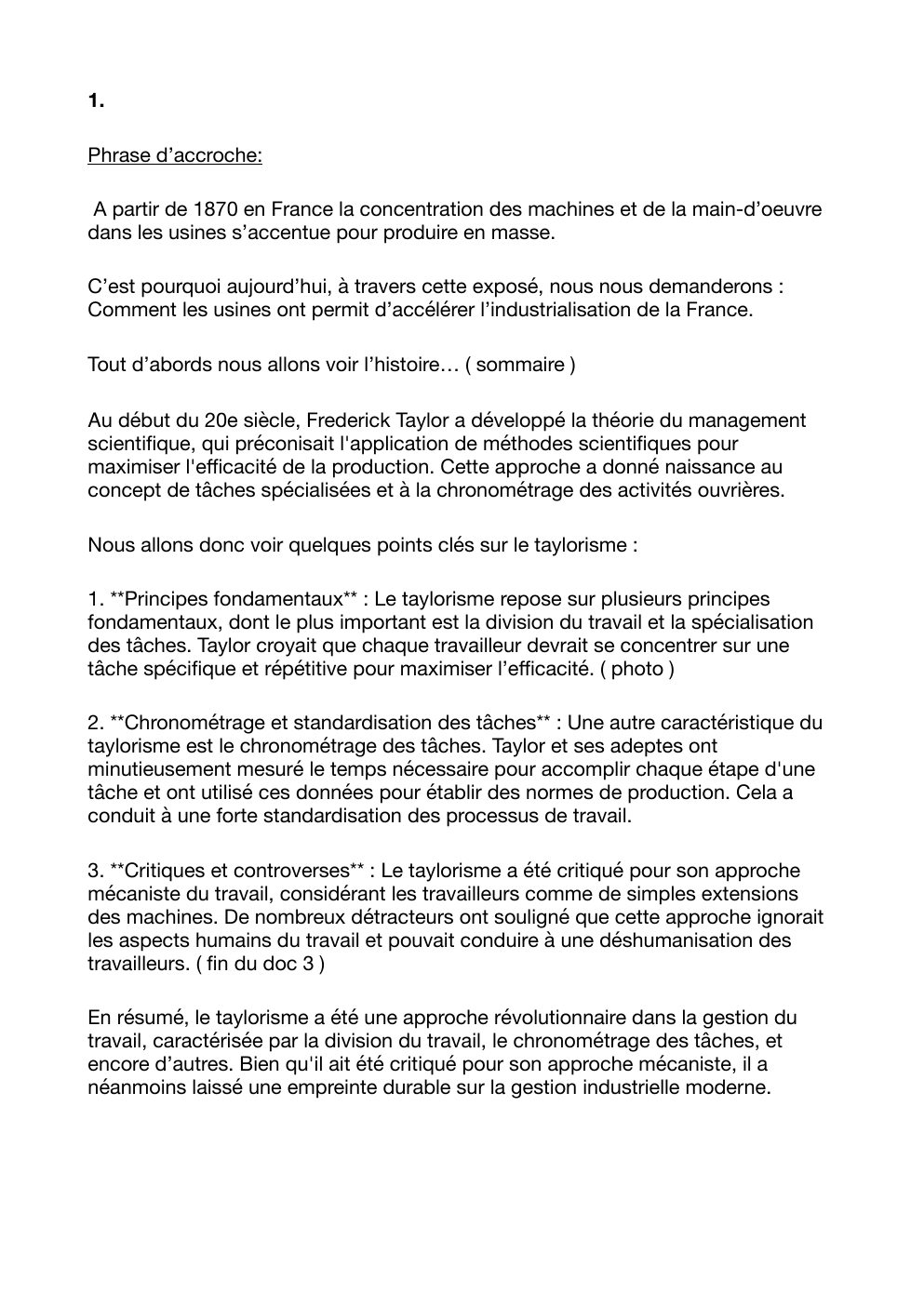 Prévisualisation du document Oral Histoire Taylorisme Première