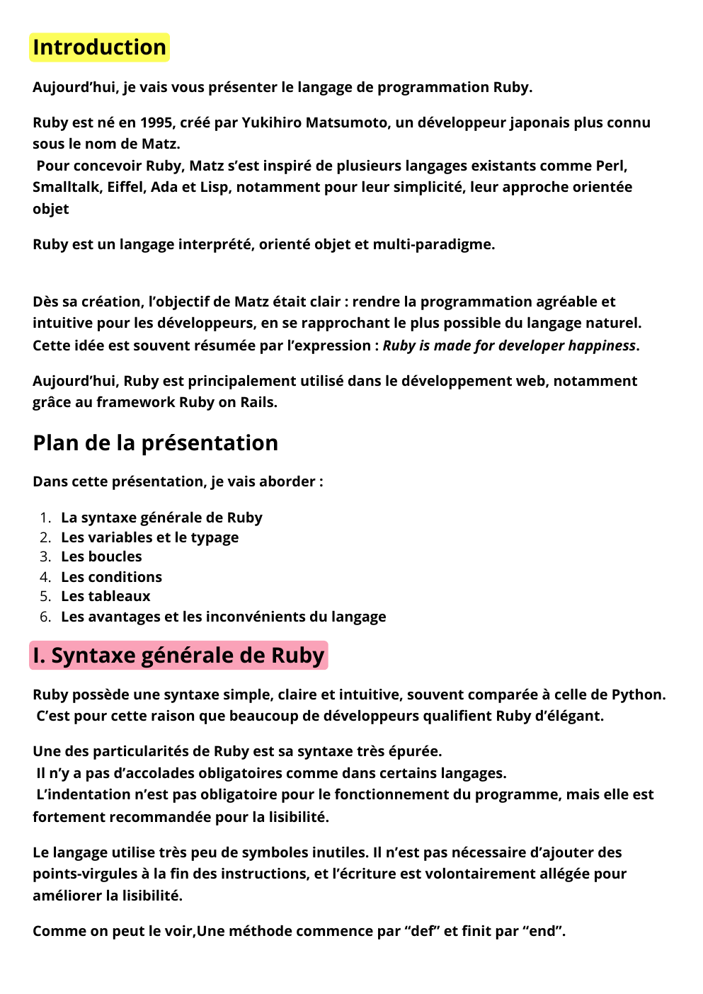 Prévisualisation du document oral langage de programmation Ruby