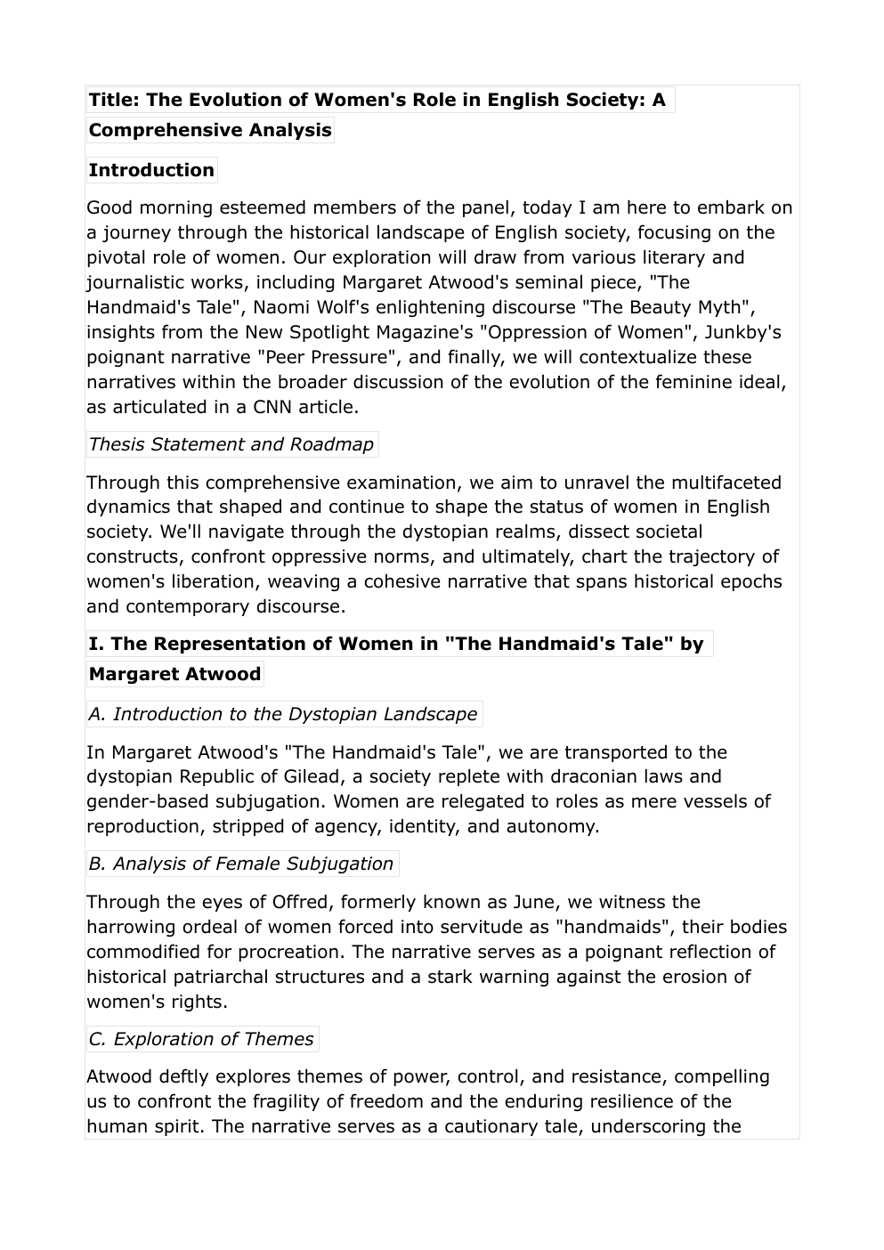 Prévisualisation du document ORAL LLCE Title: The Evolution of Women's Role in English Society: A Comprehensive Analysis