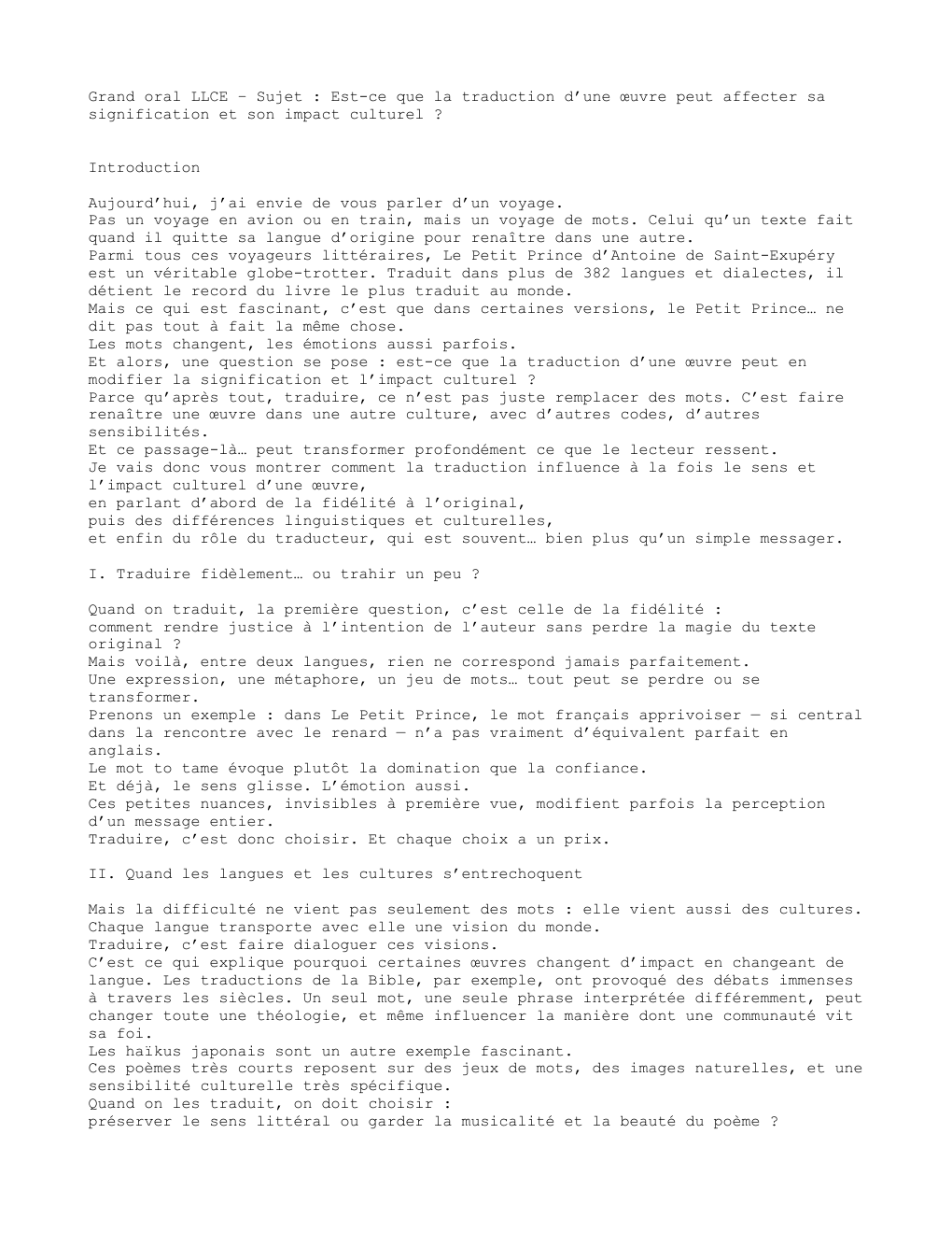 Prévisualisation du document Oral llcer: Est-ce que la traduction d’une œuvre peut affecter sa signification et son impact culturel ?