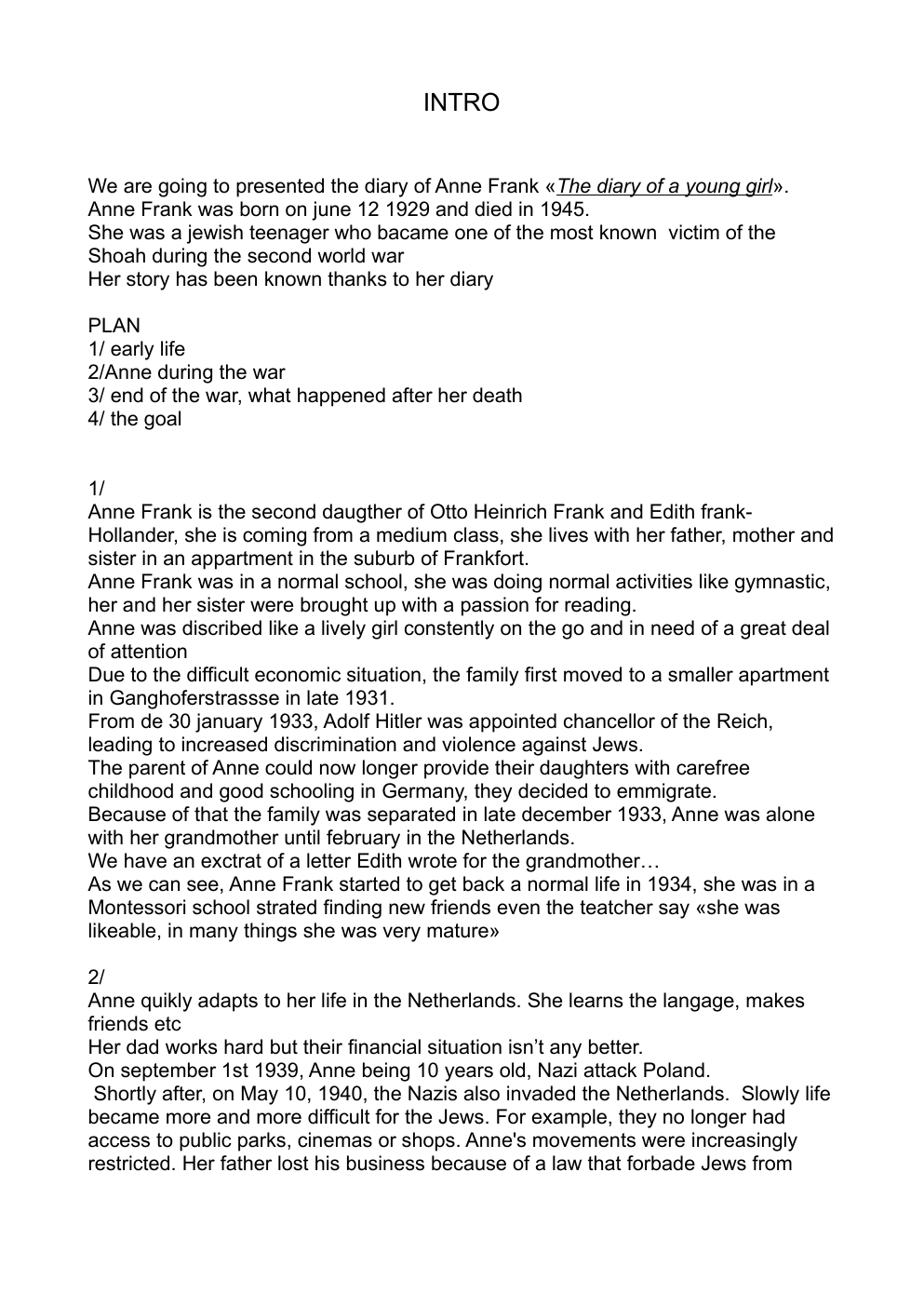 Prévisualisation du document Oral sur la vie d'Anne Frank (LLCE)