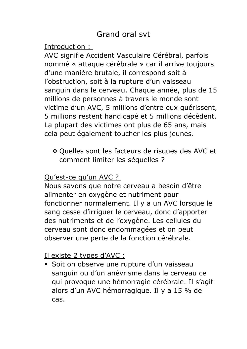 Prévisualisation du document oral svt AVC signifie Accident Vasculaire Cérébra