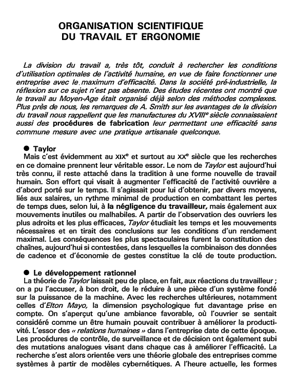 Prévisualisation du document ORGANISATION SCIENTIFIQUE DU TRAVAIL ET ERGONOMIE (fiche bac)