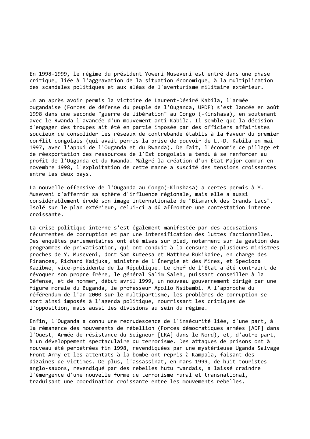 Prévisualisation du document Ouganda (1998-1999): L'image écornée du "Bismarck des Grands Lacs"