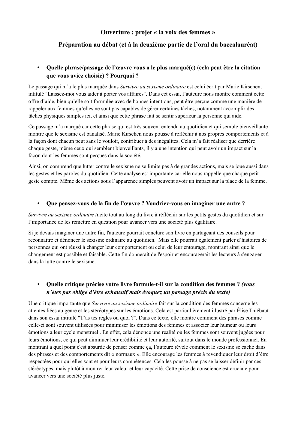 Prévisualisation du document Ouverture : projet « la voix des femmes » Préparation au débat (et à la deuxième partie de l’oral du baccalauréat)