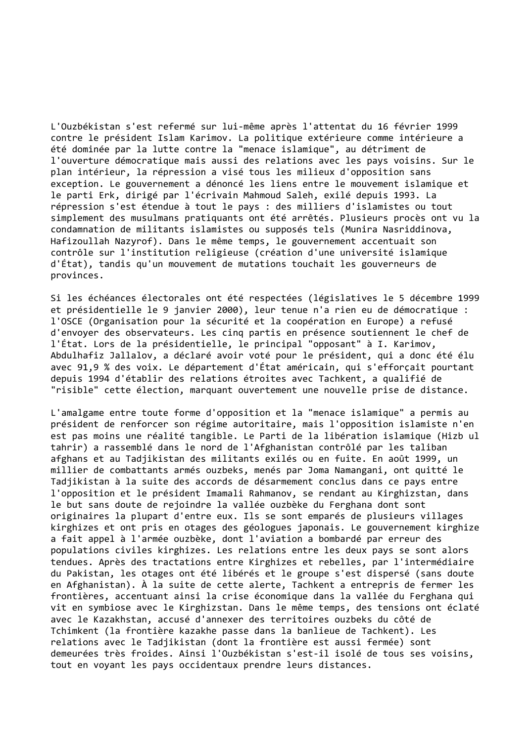 Prévisualisation du document Ouzbékistan (1999-2000): Isolement et fermeture