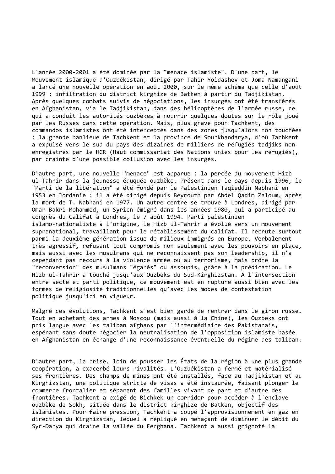 Prévisualisation du document Ouzbékistan (2000-2001): Percée sociale du Hizb ul-Tahrir