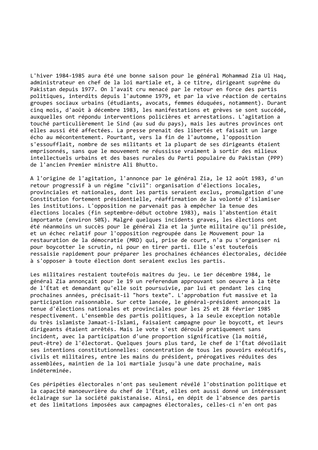 Prévisualisation du document Pakistan (1984-1985): Plébiscite pour Zia
