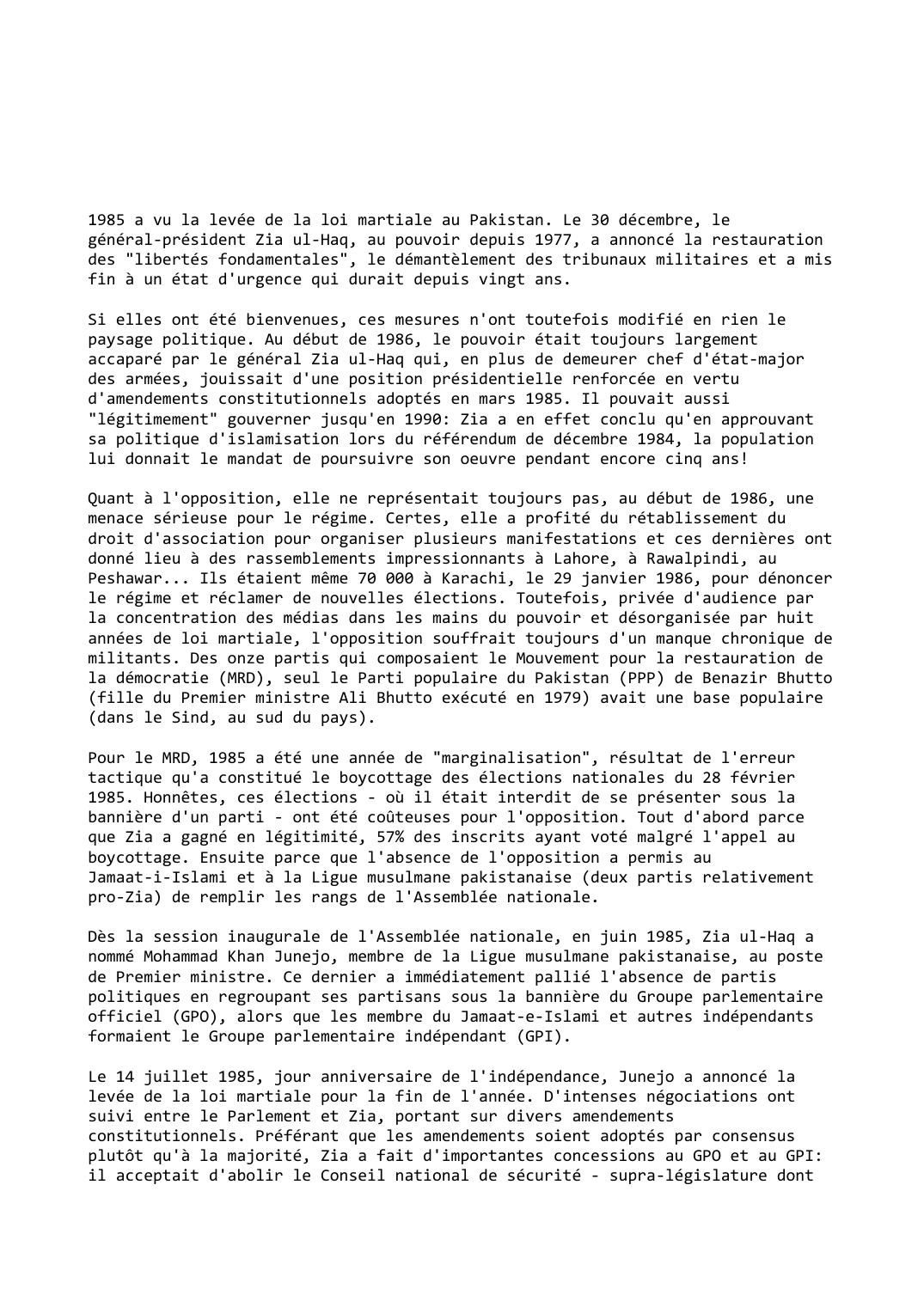 Prévisualisation du document Pakistan (1985-1986): Levée de la loi martiale