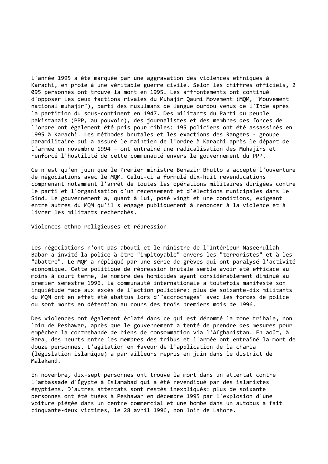 Prévisualisation du document Pakistan (1995-1996): Persistance de toutes les tensions