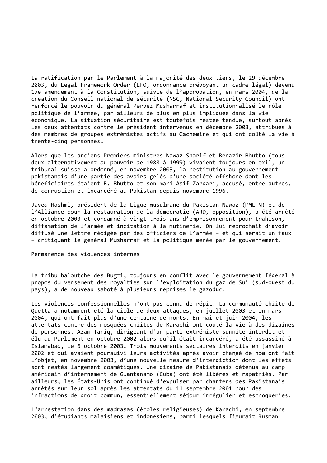 Prévisualisation du document Pakistan (2003-2004): Renforcement des pouvoirs présidentiel et militaire