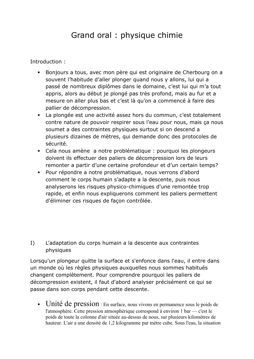 Prévisualisation du document palier de decompression: Grand oral : physique chimie