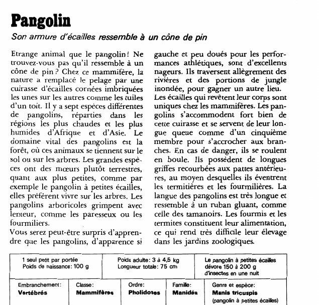 Prévisualisation du document Pangolin:Son armure d'écailles ressemble à un cône de pin.