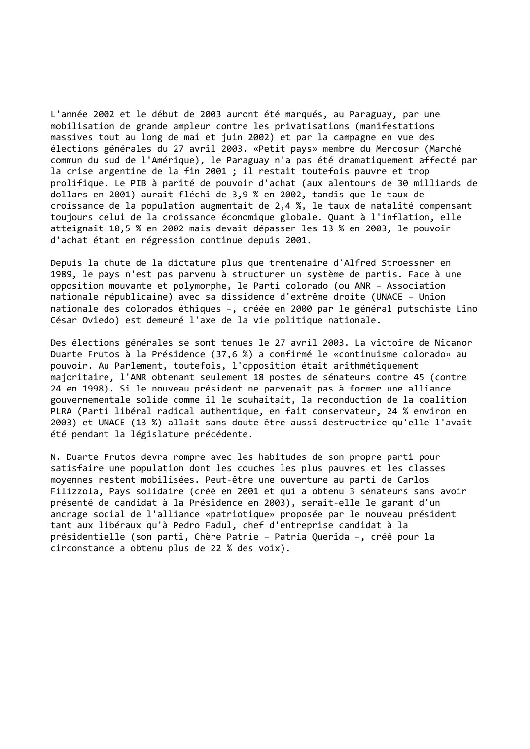 Prévisualisation du document Paraguay (2002-2003): Le «continuisme colorado» en question