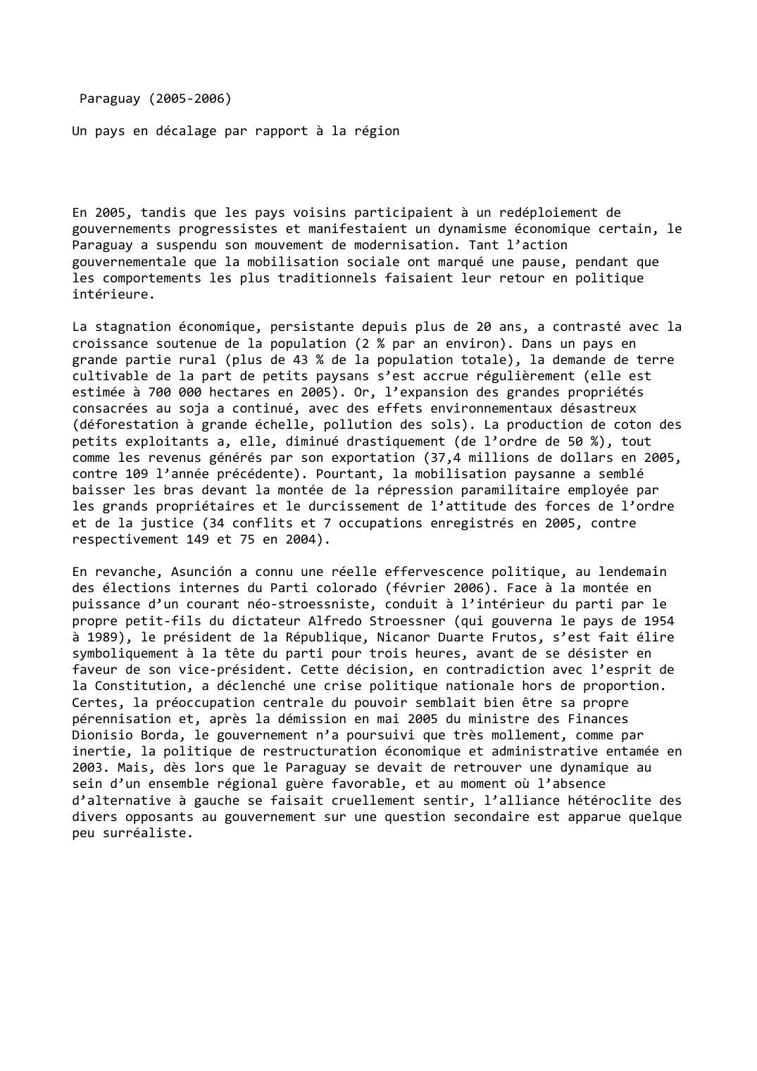 Prévisualisation du document Paraguay (2005-2006)

Un pays en décalage par rapport à la région