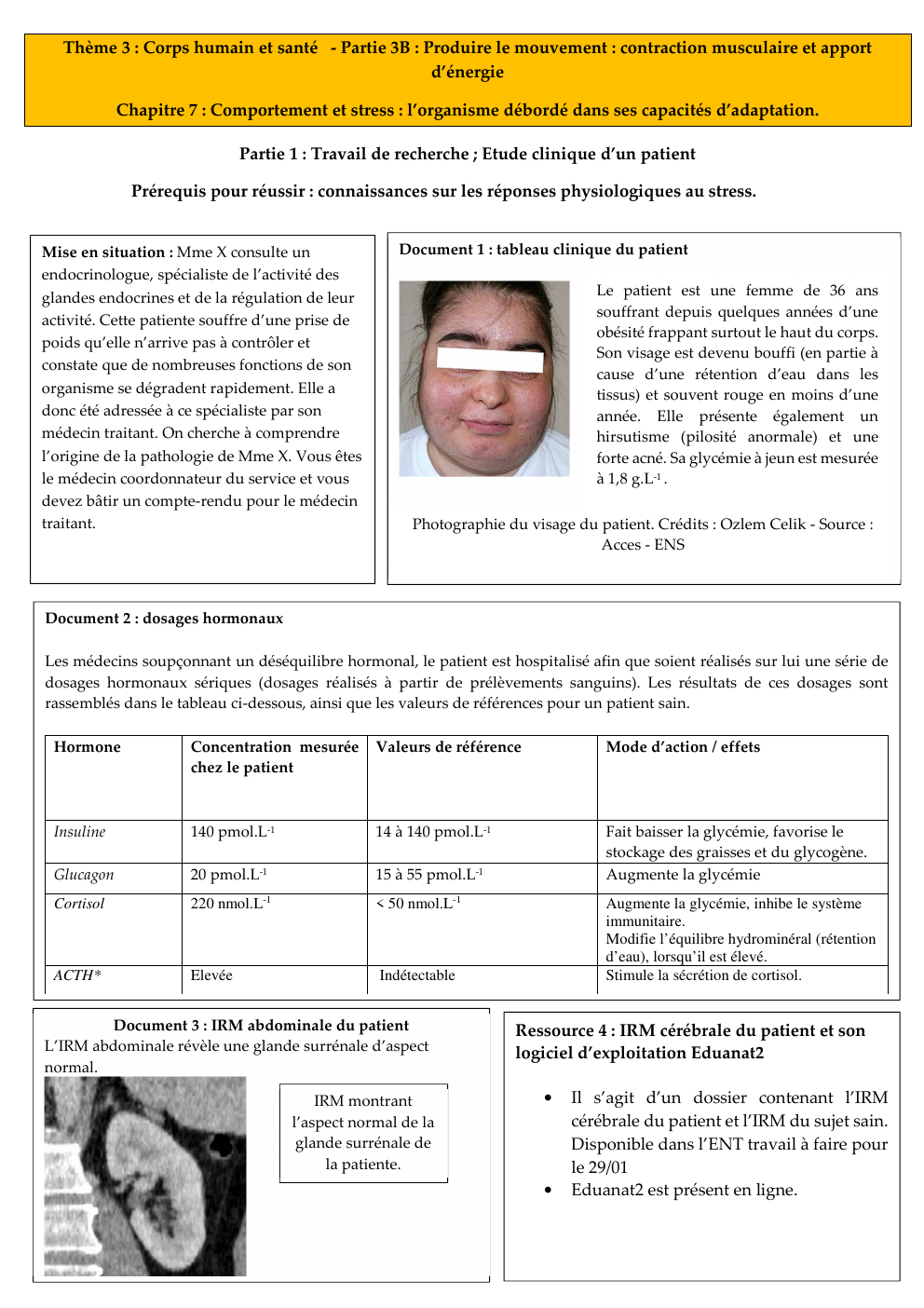 Prévisualisation du document Partie 1 : Travail de recherche ; Etude clinique d’un patient Prérequis pour réussir : connaissances sur les réponses physiologiques au stress.