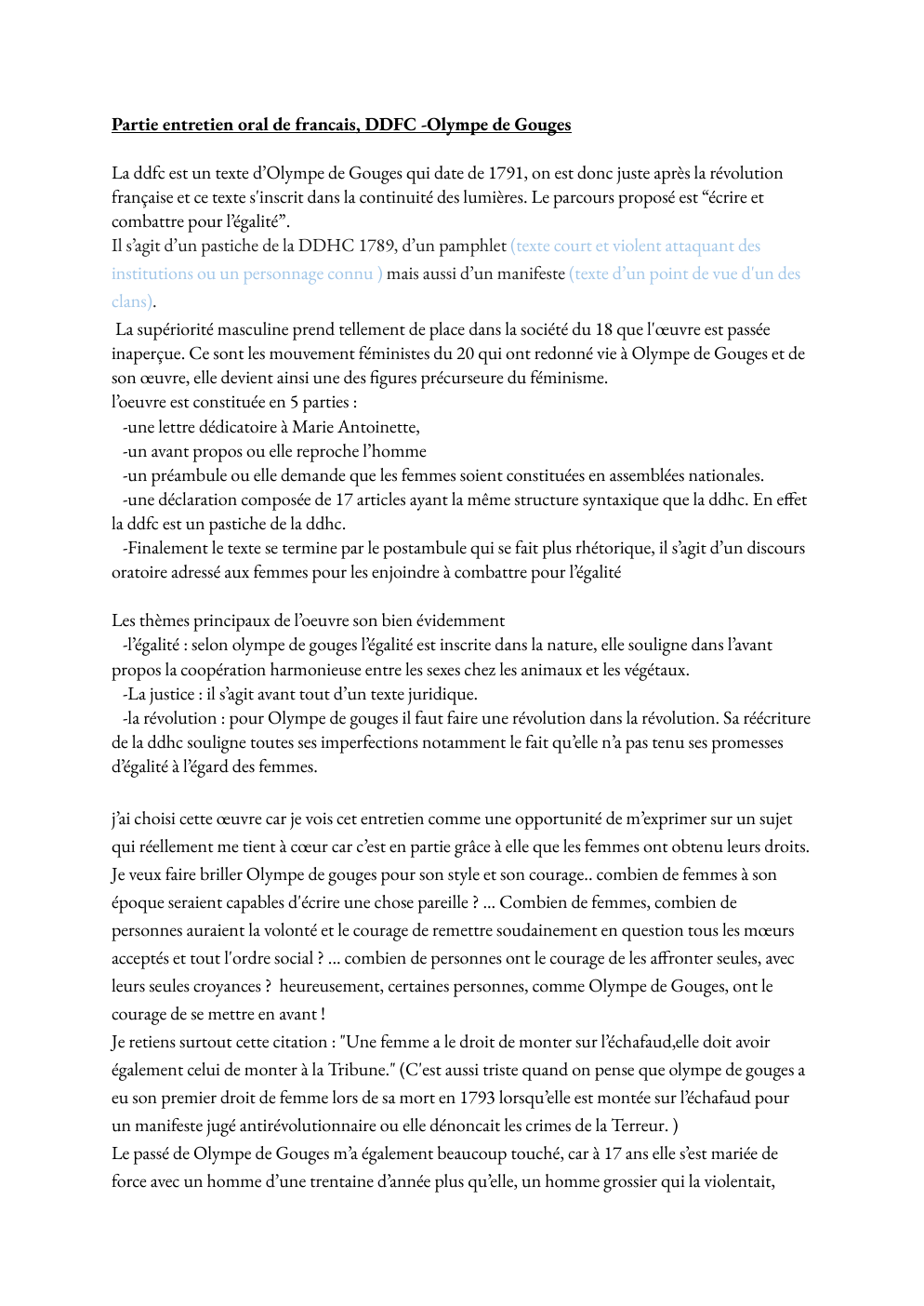 Prévisualisation du document Partie entretien oral de Français, DDFC - Olympe de Gouges
