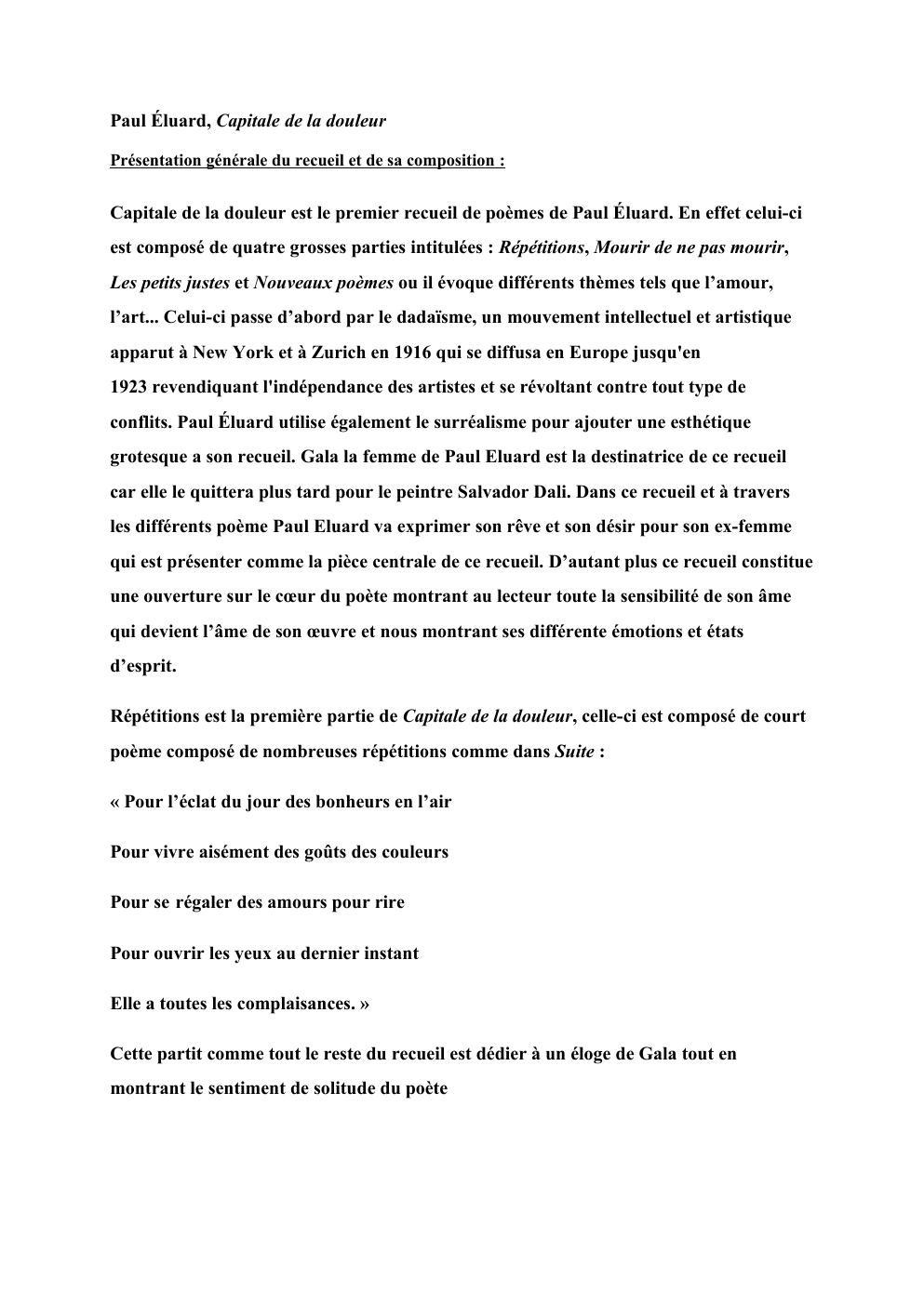 Prévisualisation du document Paul Éluard, Capitale de la douleur Présentation générale du recueil et de sa composition