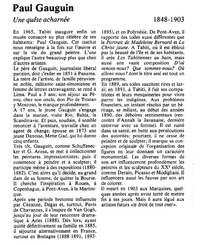 Prévisualisation du document Paul GauguinUne quête acharnée.