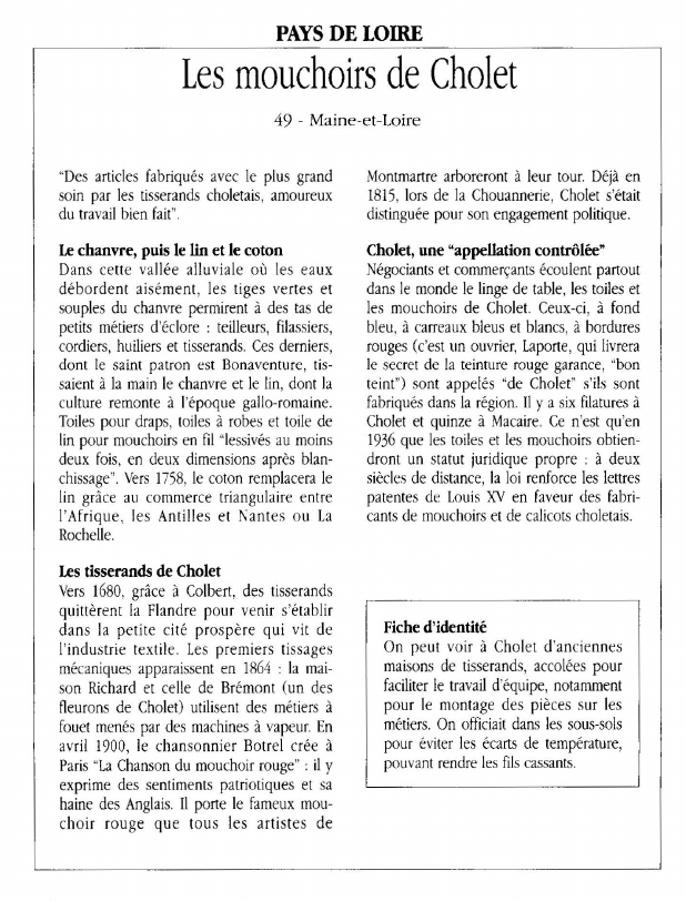 Prévisualisation du document PAYS DE LOIRE 	Les mouchoirs de Cholet.