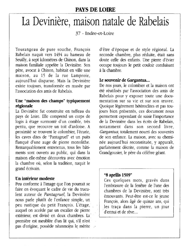 Prévisualisation du document PAYS DE LOIRELa Devinière, maison natale de Rabelais.