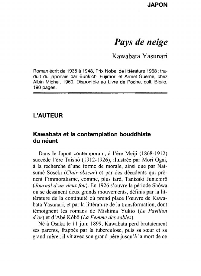 Prévisualisation du document Pays de neige de Kawabata Yasunari