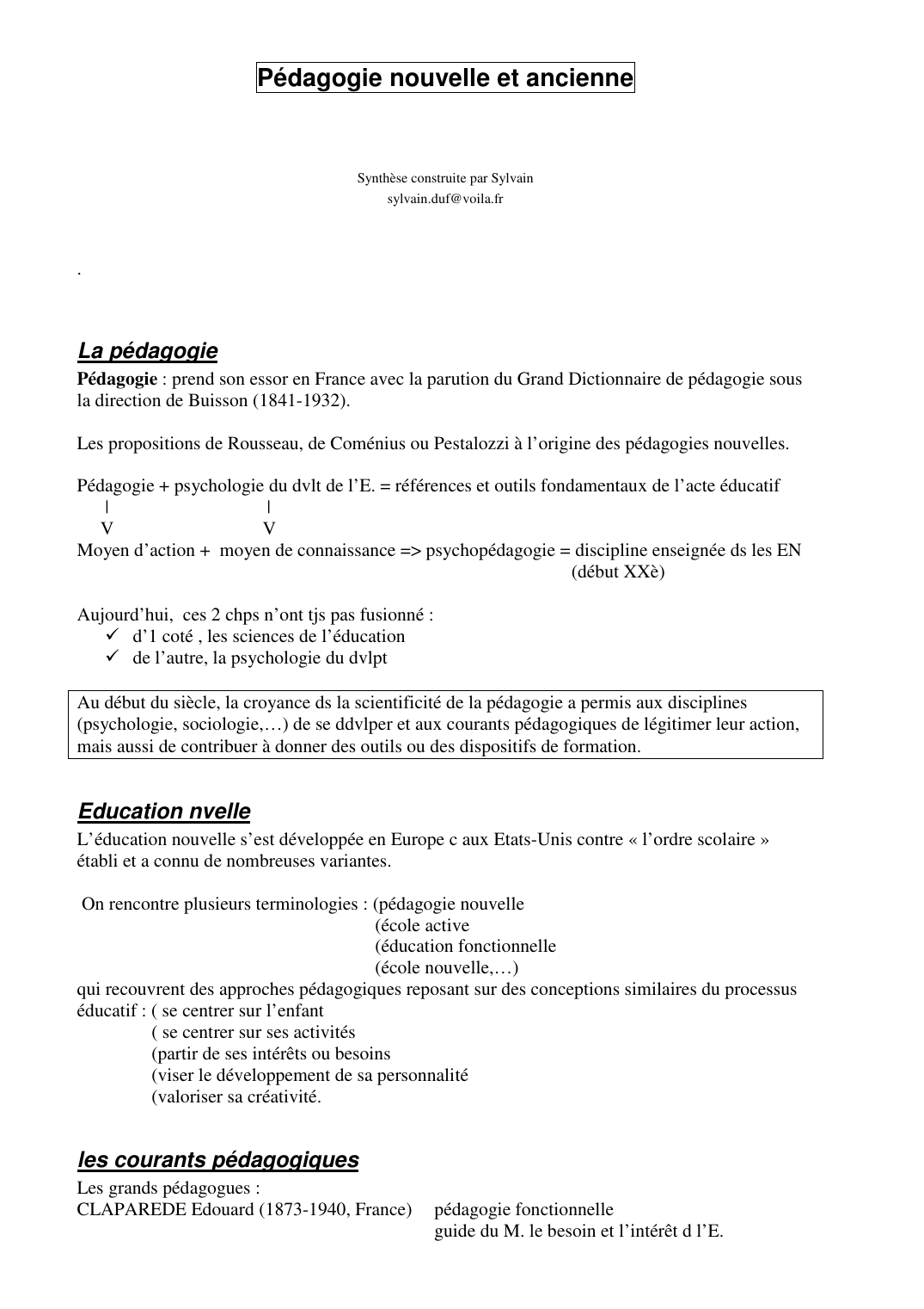 Prévisualisation du document Pédagogie nouvelle et ancienneSynthèse construite par Sylvainsylvain.