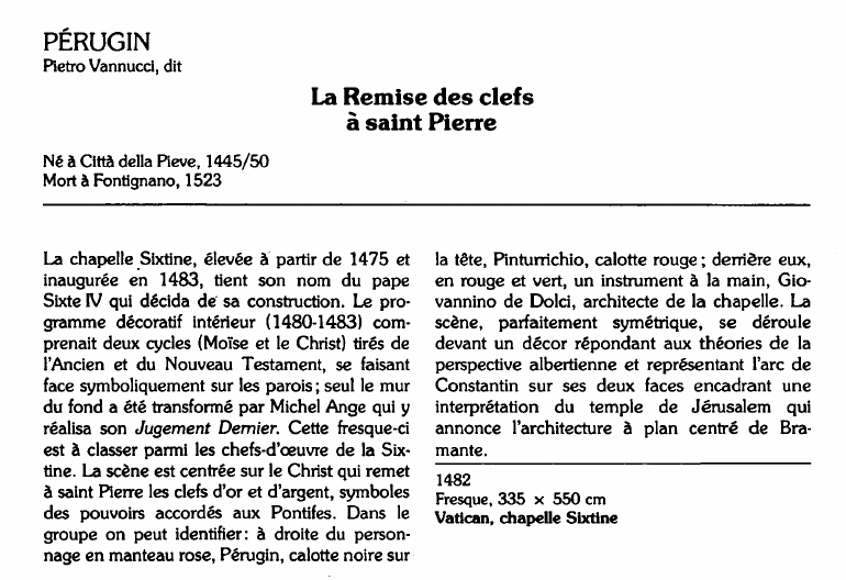 Prévisualisation du document PÉRUGINPietro Vannucci, dit:La Remise des clefsà saint Pierre (analyse du tableau).