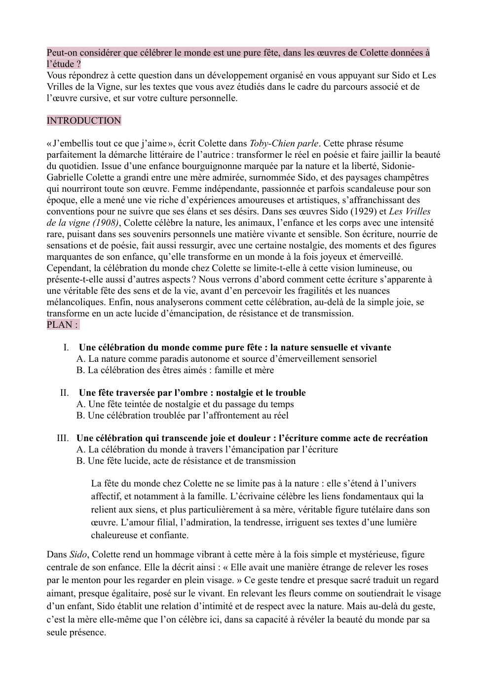 Prévisualisation du document Peut-on considérer que célébrer le monde est une pure fête, dans les œuvres de Colette données à l’étude ?