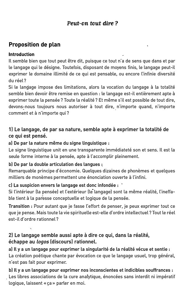Prévisualisation du document Peut-on tout dire ?
Proposition de plan
Introduction
Il semble bien que tout peut être dit, puisque ce tout n'a...