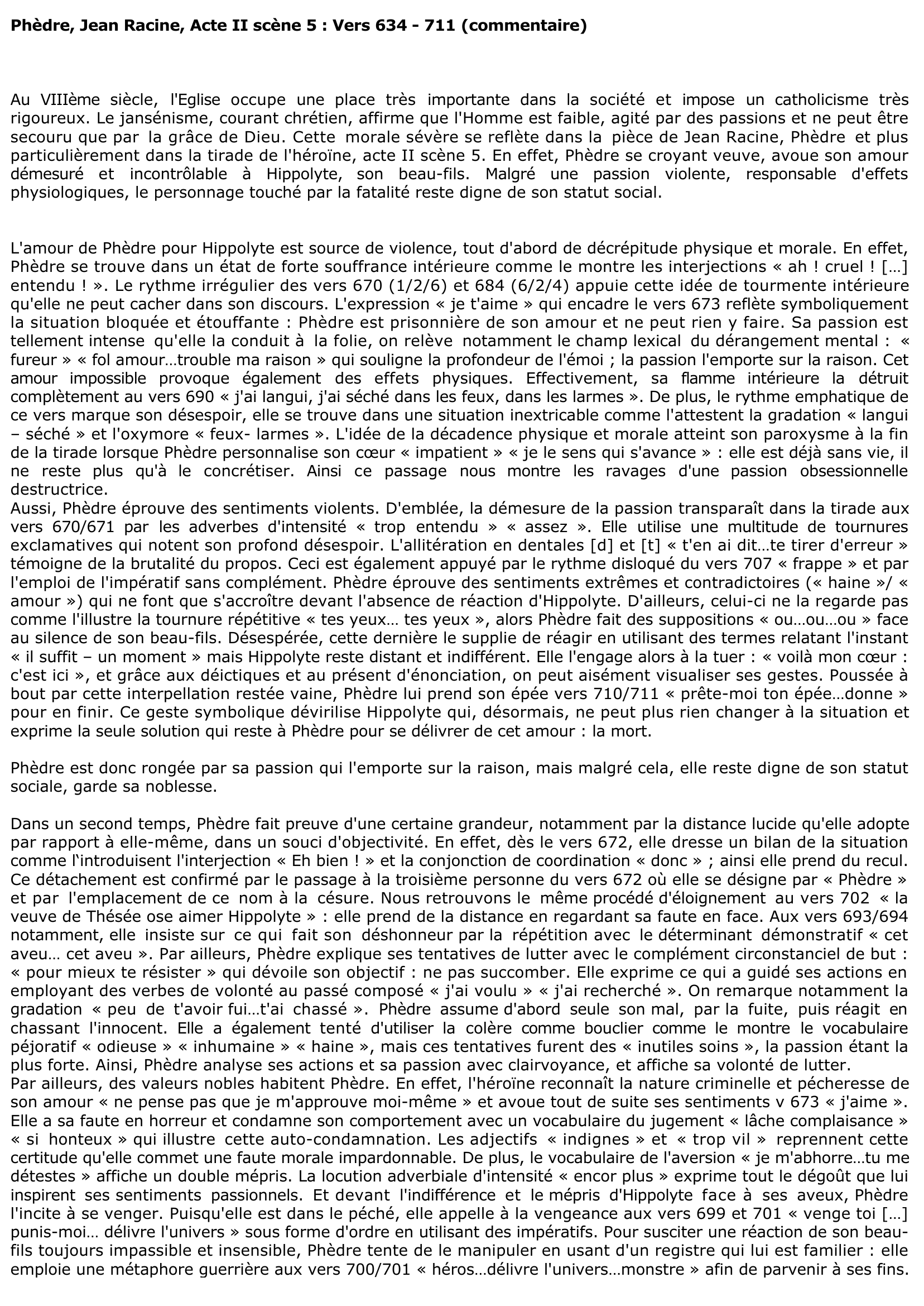 Prévisualisation du document Phèdre, Jean Racine, Acte II scène 5 : Vers 634 - 711 (commentaire)