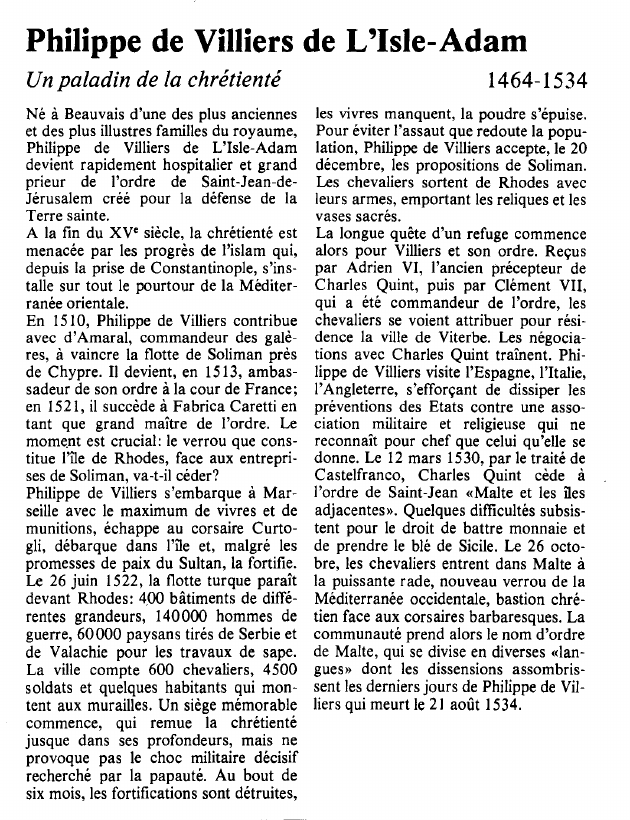 Prévisualisation du document Philippe de Villiers de L'Isle-Adam	Un paladin de la chrétienté.