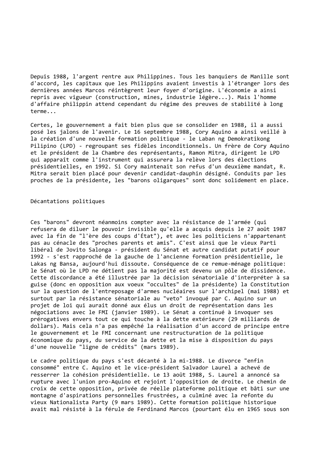 Prévisualisation du document Philippines (1988-1989): Resserrement de la cohésion présidentielle