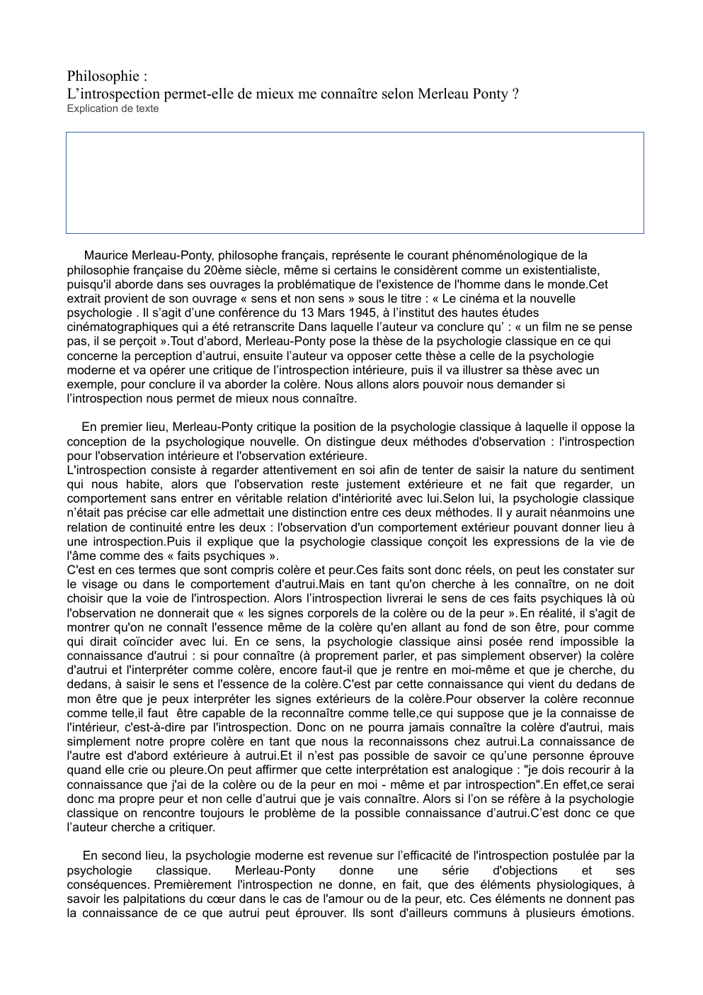 Prévisualisation du document Philosophie : L’introspection permet-elle de mieux me connaître selon Merleau Ponty ? Explication de texte