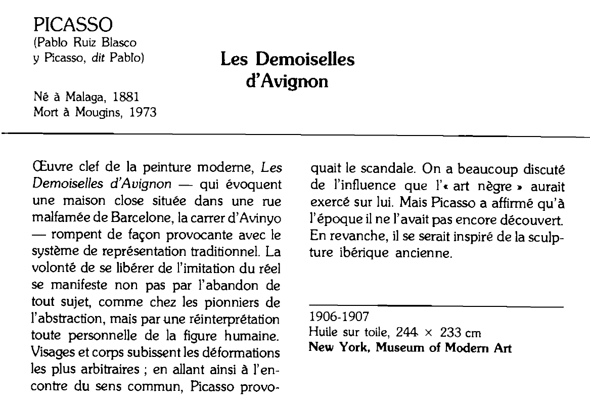 Prévisualisation du document PICASSO (Pablo Ruiz Blasco y Picasso, dit Pablo) : Les Demoiselles d'Avignon