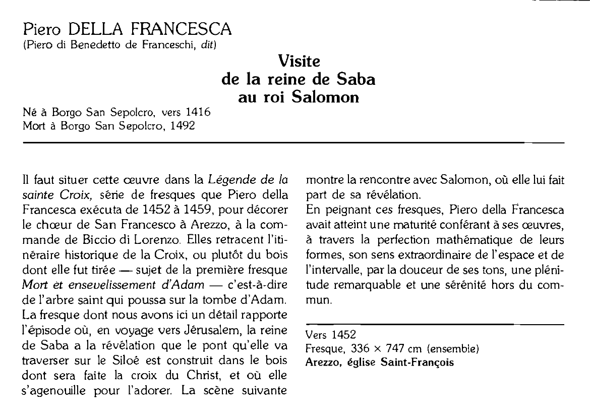 Prévisualisation du document Piero DELLA FRANCESCA (Piero di Benedetto de Franceschi, dit) : Visite de la reine de Saba au roi Salomon