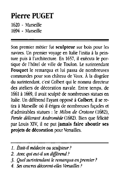 Prévisualisation du document Pierre PUGET1620 - Marseille1694 - MarseilleSon premier métier fut sculpteur sur bois pour lesnavires.