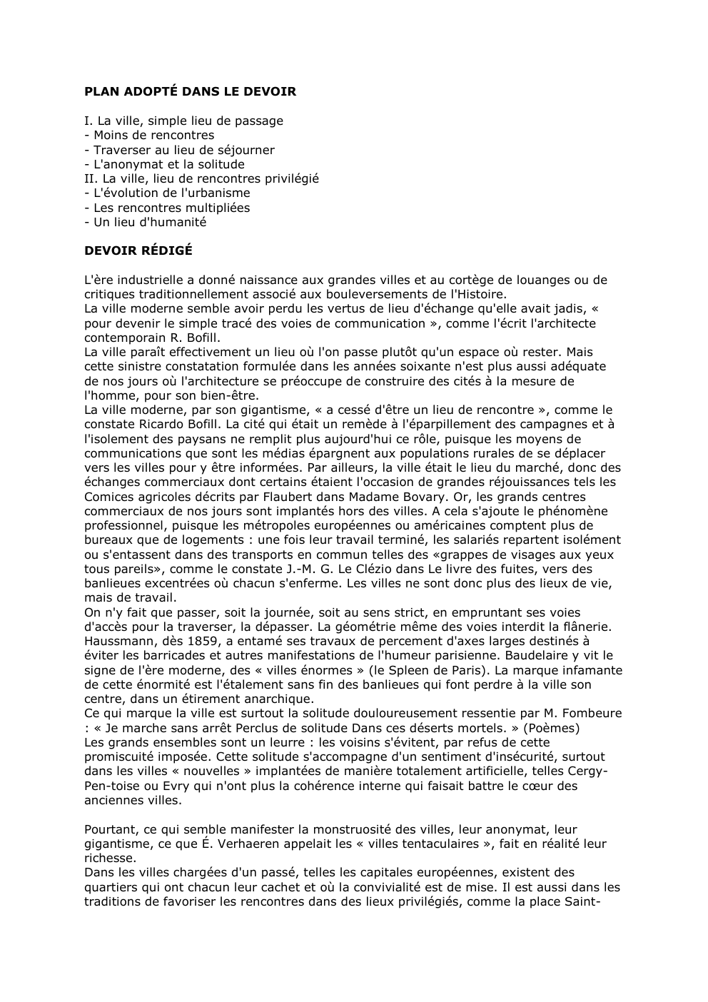 Prévisualisation du document PLAN ADOPTÉ DANS LE DEVOIR
I. La ville, simple lieu de passage
- Moins de rencontres
- Traverser au lieu...