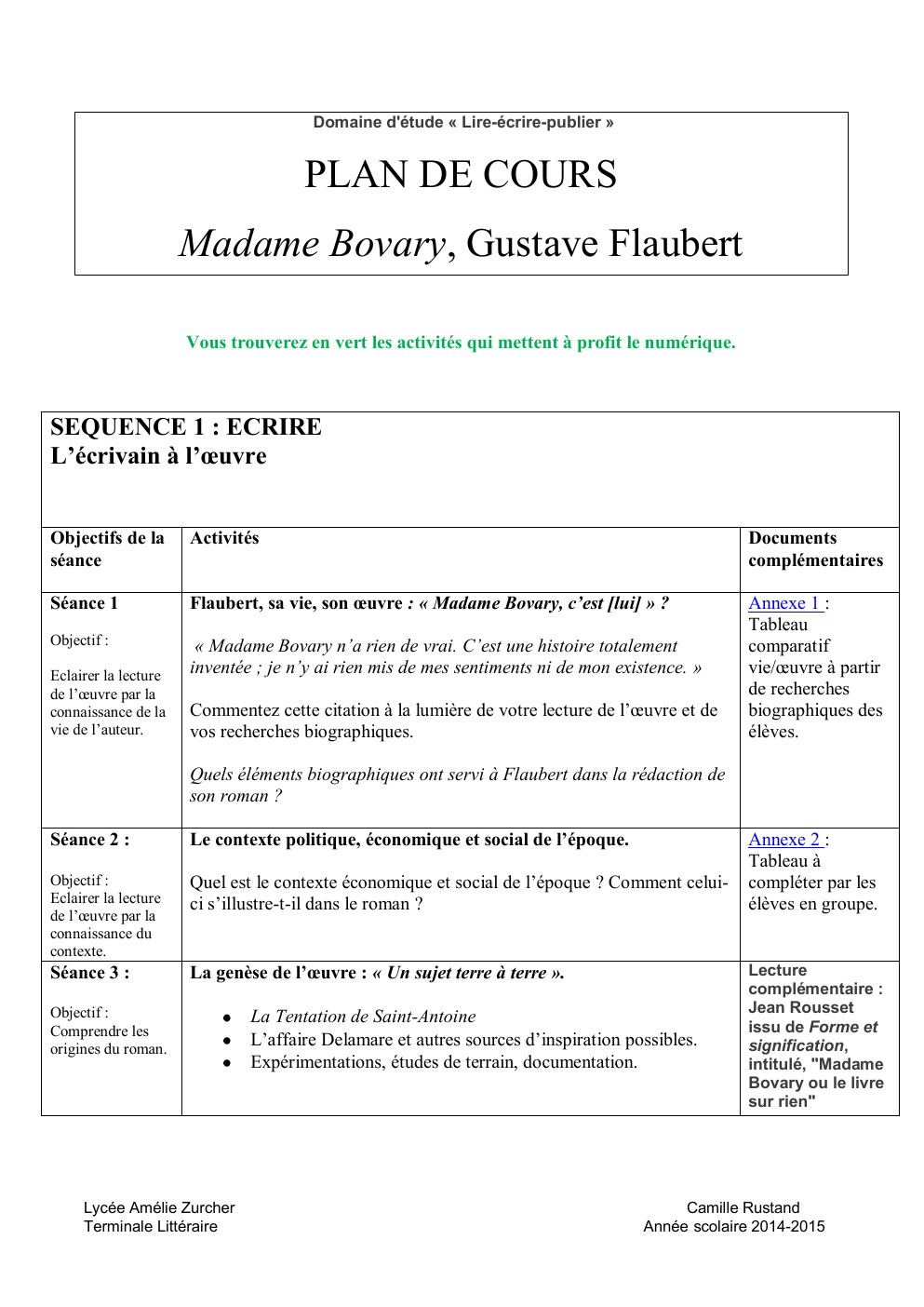 Prévisualisation du document PLAN DE COURS Madame Bovary, Gustave Flaubert