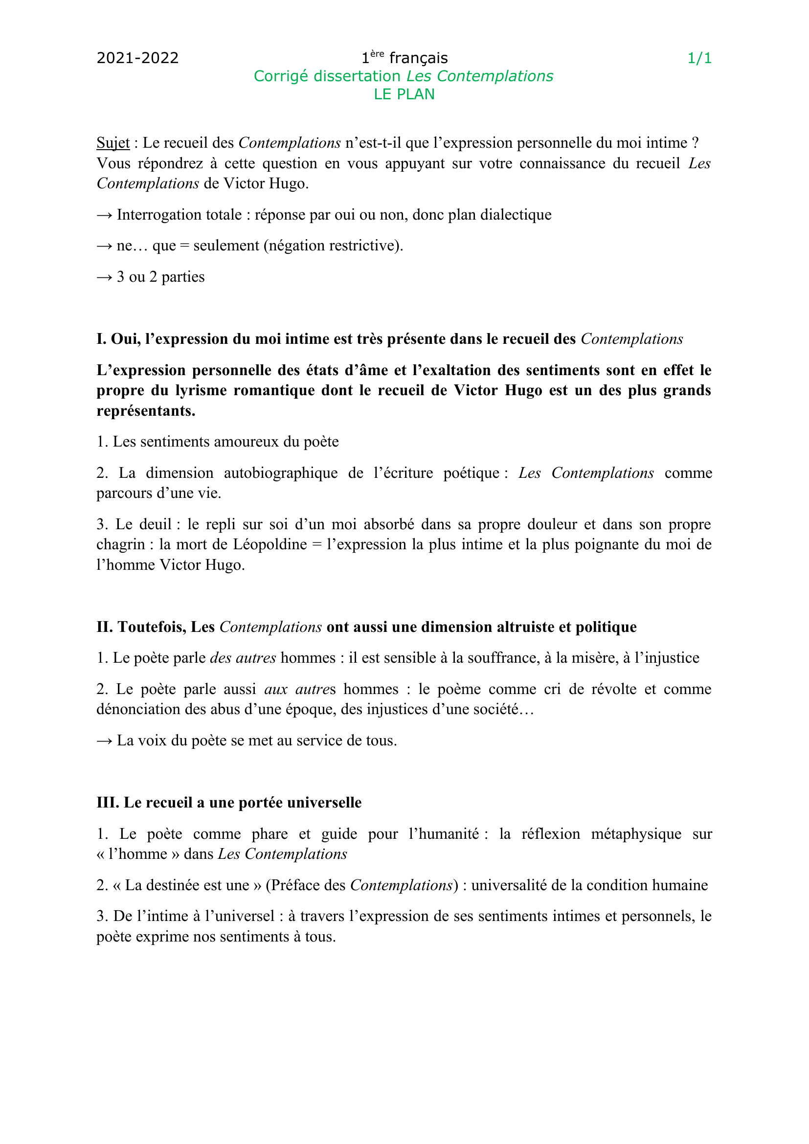 sujet dissertation les contemplations bac