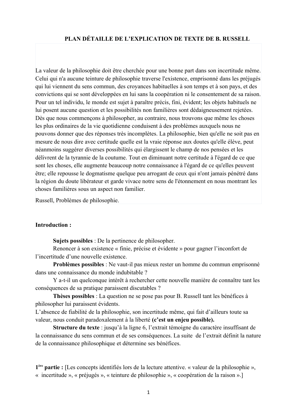 Prévisualisation du document PLAN DÉTAILLE DE L’EXPLICATION DE TEXTE DE B. RUSSELL: Problèmes de philosophie.